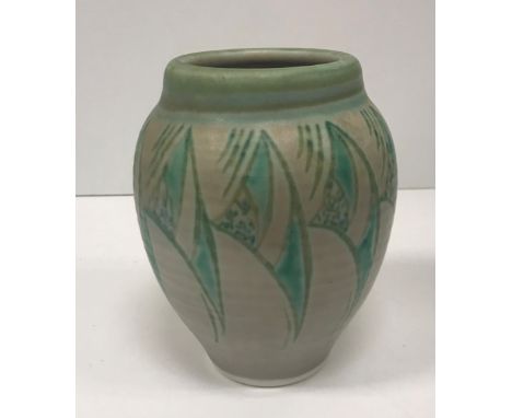 A Pilkington's Royal Lancastrian grey ground turquoise foliate decorated vase, No'd. to base "3358" and bearing monogram "R" 