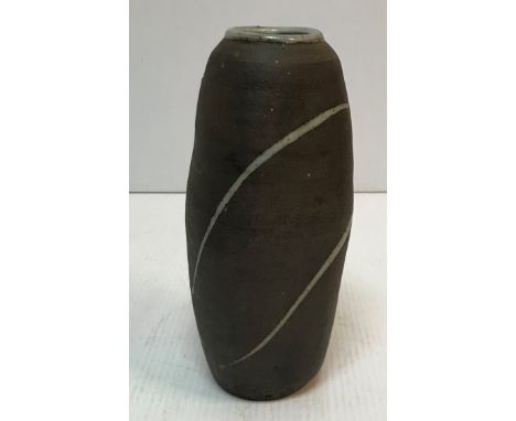 An Elizabeth Leach pottery vase, black ground with glazed pale blue flashes, stamped to base 25 cm high CONDITION REPORTS Has