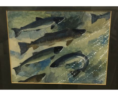 CHARLES F TUNNICLIFFE "Salmon", watercolour heightened with white, signed bottom right, bears "Boydell Galleries" label verso