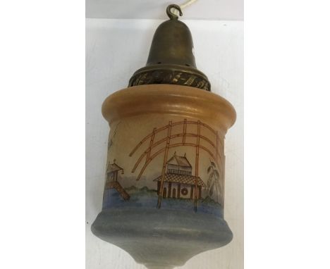 A mid 20th Century glass hanging lamp, the brass fitting mounted with painted glass shade depicting Chinese style landscape 3