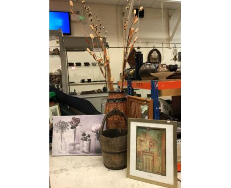 A vintage well bucket together with various decorative prints, a wicker vase and assorted fake flowers and five boxes of book