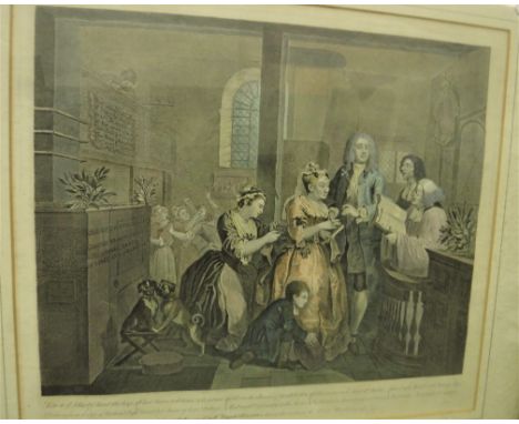 AFTER WILLIAM HOGARTH "The Rake's Progress", plates No. I, II, V, VI and VII, coloured engravings, 35.5 cm x 41 cm together w
