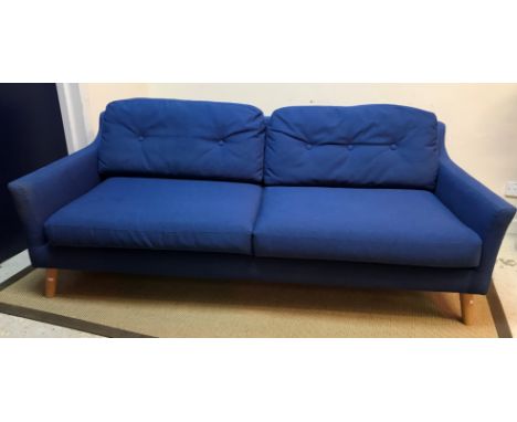 A modern blue upholstered sofa on splayed turned oak legs 200 cm wide x 80 cm deep x 72 cm high  CONDITION REPORTS Structural