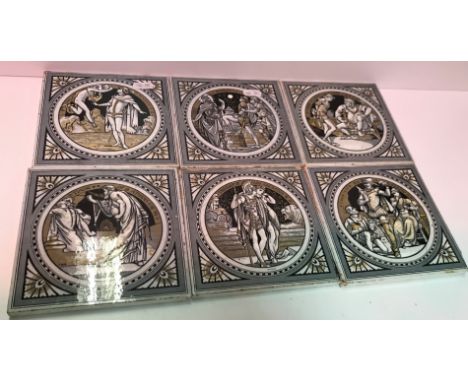 A set of six Minton's Shakespeare's series tiles designed by John Moyr Smith comprising "The Taming of the Shrew", "First Par