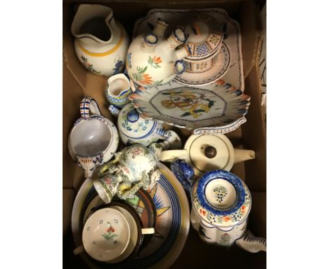 A box of various Continental china wares including French faience milk jug by Quimper, Quimper sugar basin and cover, Quimper