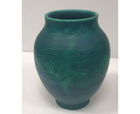 A W S Mycock for Pilkington's Royal Lancastrian turquoise decorated relief vase with fish banding, No'd to base "188" 21 cm h