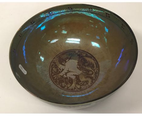 A W S Mycock for Pilkington's Royal Lancastrian lustre ware bowl with central lion rampant decoration, raised on a circular f