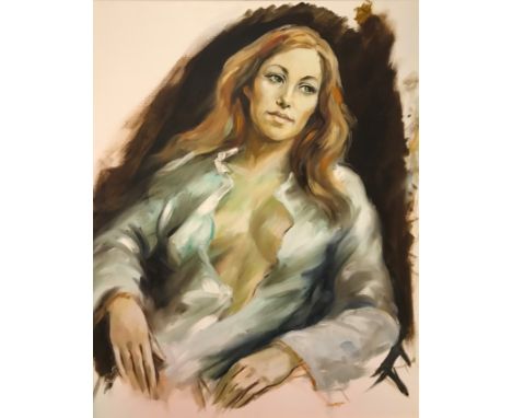 20TH CENTURY ENGLISH SCHOOL ATTRIBUTED TO MALCOLM YOUNG "Shabby Tiger", a portrait study of a young woman seated, blouse unbu