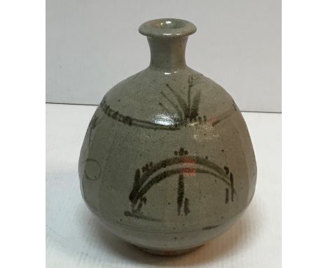 A Toff Milway studio pottery grey glazed vase in the manner of Bernard Leach with Japanese bridge and floral spray decoration