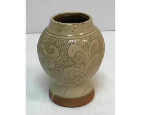 A David Leach St. Ives studio pottery cream glazed foliate decorated vase, bearing stamps to base 19 cm high CONDITION REPORT