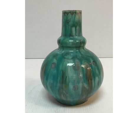 An Arthur E Bells for Della Robbia gourd shaped vase in turquoise inscribed and initialled "ADS 1896 to base" 22.5 cm high CO