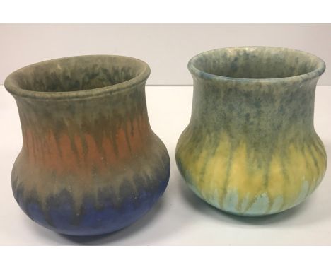 Two Ruskin vases, one in yellow and green/blue colour way, the other in orange and blue colour way both stamped "Ruskin 1930"