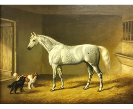 J F HERRING SENR (1795-1865) “Dapple Grey Hunter in a stable with Spaniels”, oil on canvas, signed and dated 1843 lower right