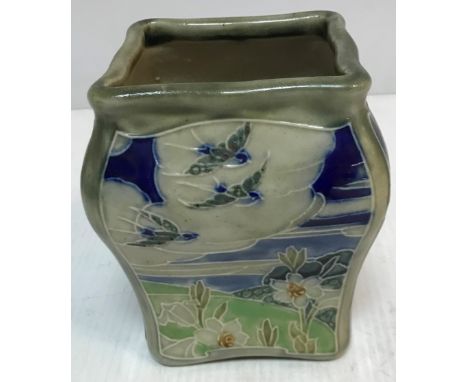 A Royal Doulton Lambeth relief work vase of square baluster form decorated with owl and moonlight with swallows in flight ver