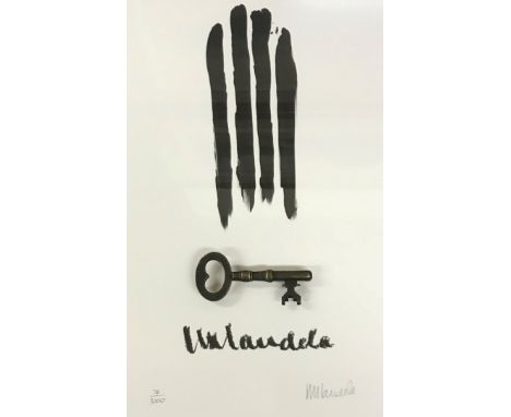 A framed and glazed black and white lithograph with replica of Nelson Mandela's Key at Robin Island, limited edition No'd. 76