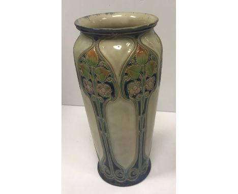 A Francis C Pope Royal Doulton Art Nouveau design vase with stylised floral and foliate incised decoration, bearing initials 