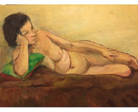 English School, 20th century, portrait of nude lady, oil on board, 76cm x 51cm