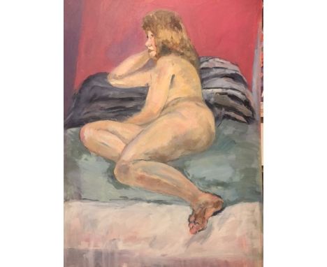 English School, 20th century, portrait of nude lady, oil on board, 76cm x 50cm