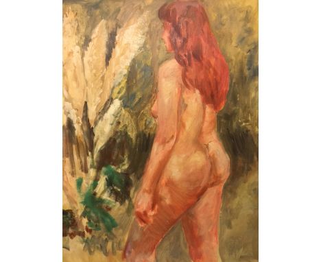 English School, 20th century, portrait of nude lady, oil on board, 61cm x 50cm