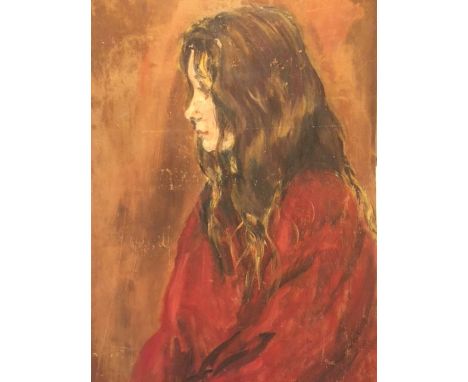 English School, 20th century, portrait of girl "Girl in a red robe", oil on board, 76cm x 51cm