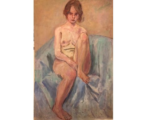 English School, 20th century, portrait of nude lady, oil on board, 76cm x 50cm