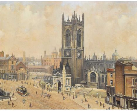 John L. Chapman (British 1946-) "Manchester Cathedral", signed, titled on artist's label verso, oil on board.49cm x 60.5cm (1
