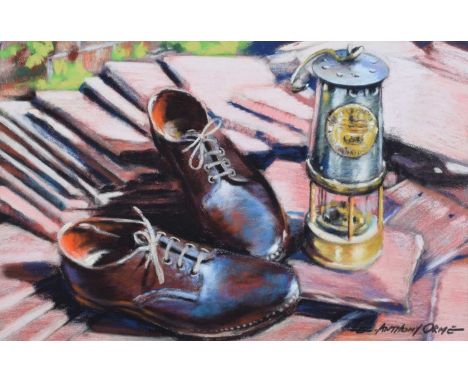 E. Anthony Orme (British 1945-) Still life of miners shoes and lamp, signed, dated 1998 on verso, with accompanying certifica