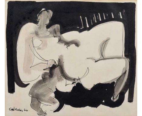 Geoffrey Key (British 1941-) "Mother and Child II", signed and dated '66, ink and wash drawing.25cm x 28.5cm (10in x 11.25in)