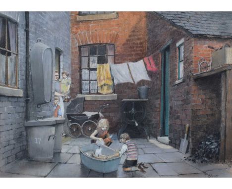 Tom Brown (British 1933-2017) Backyard scene with children playing, signed, pastel.38cm x 53.5cm (15in x 21in)Footnote:Artist