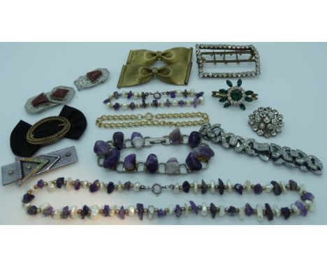 4 Bracelets, necklace, dress clips, buckles + 2 bow brooches 