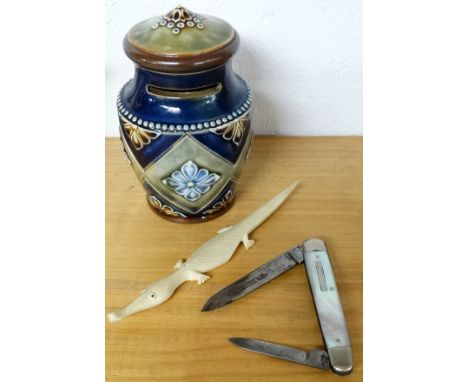 Mother of Pearl penknife, Alligator, Doulton style money box 