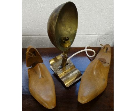 Brass clip on electric lamp + pair of shoe trees 