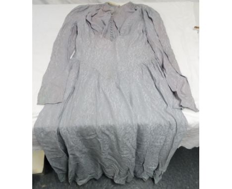 1930's pale blue silk embroidered full length, long sleeve wedding dress with button bodice 