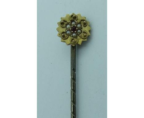 Gold seed pearl & garnet stick pin 