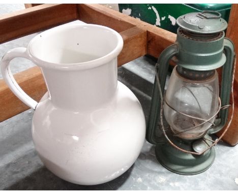 Enamel jug & storm lantern 