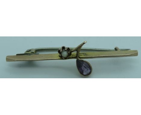 9ct Gold seed pearl & amethyst set bar brooch 