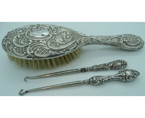 Silver back hairbrush + 2 silver handle button hooks