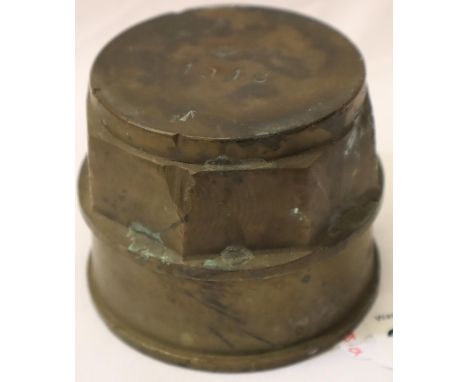 WWI gun carriage brass wheel hub, dated 1918. P&amp;P Group 1 (£14+VAT for the first lot and £1+VAT for subsequent lots) 