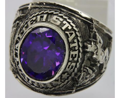 Vietnam war era white metal American Army class ring set with purple stone. P&amp;P Group 1 (£14+VAT for the first lot and £1