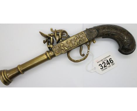 Reproduction flintlock pistol with engraved grip. P&amp;P Group 2 (£18+VAT for the first lot and £3+VAT for subsequent lots) 