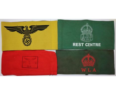 Four printed / embroidered cotton replica WWII armbands, Two German, two British home front. P&amp;P Group 1 (£14+VAT for the