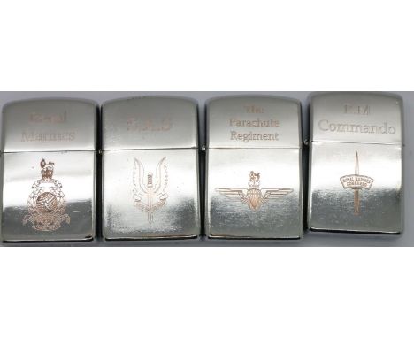 Four new windproof lighters, each engraved  with Special Forces logos. P&amp;P Group 1 (£14+VAT for the first lot and £1+VAT 