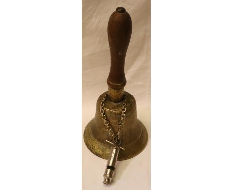 Air Raid Precautions: An ARP brass bell with wooden grip, marked Fiddian, and an ARP whistle marked for Hudson and Co. P&amp;