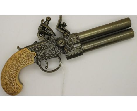 Replica double barrel flintlock pistol, after the original by Twigg of London. P&amp;P Group 2 (£18+VAT for the first lot and