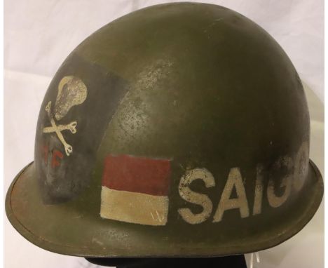 Vietnam War period ARVN Force M1 helmet, later painted. P&amp;P Group 2 (£18+VAT for the first lot and £3+VAT for subsequent 