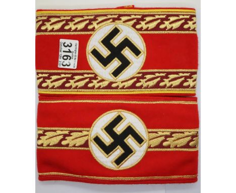 Two museum quality replica embordered third Reich political leaders armbands of multi-fabric construction. P&amp;P Group 1 (£