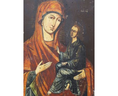 Russian Icon quadratic wooden pannel with oil painted Maria with child an cyrillic  description oil  on wooden panel demages 