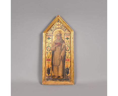 Luca Signorelli (1441-1523)-manner, Peaked gold brown panel with female saint holding a book and a flower surrounded by ornam