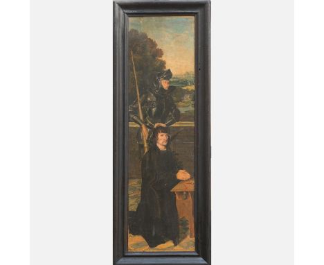 German school 18/19th century, Knight and praying noble man in landscape, oil on wooden panel, monogrammed, framed, on the re
