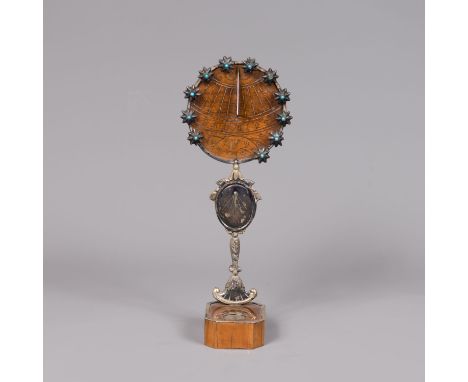 Sundail Instrument , Round plate walnut with arabic numbers scale and decorations and partly gilted framed in silver or silve